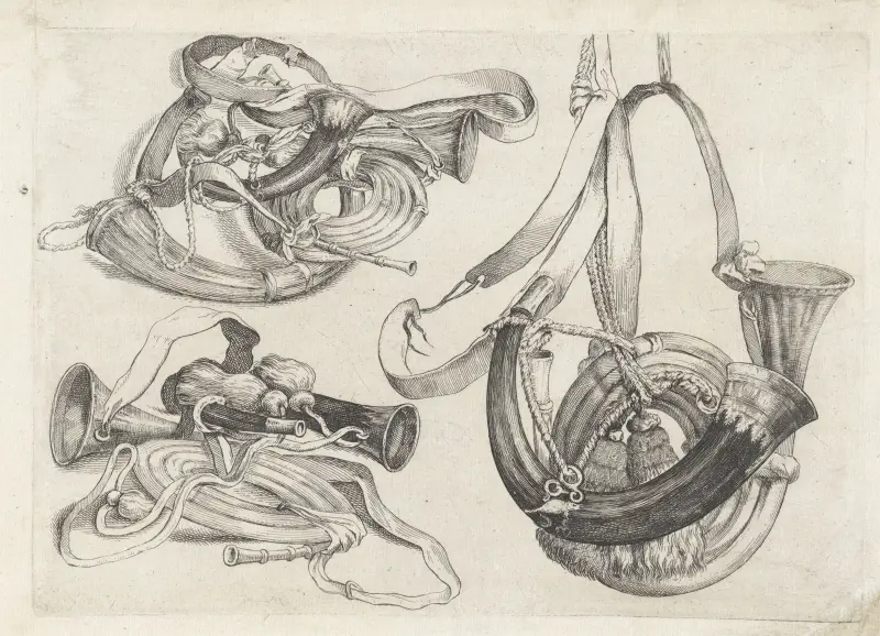 Sju jakthorn av olika form med snören och remmar av Wenceslaus Hollar