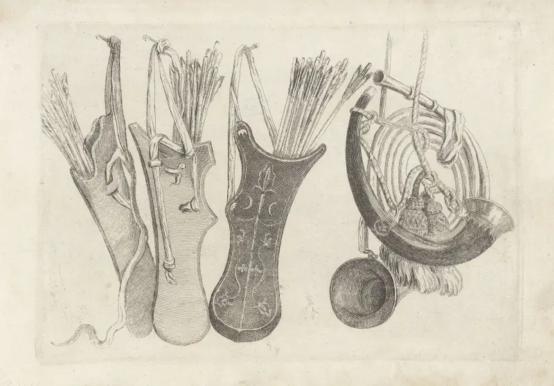 Drei Köcher mit Pfeilen und Riemen, an Nägeln hängend, links, zwei Jagdhörner rechts von Wenceslaus Hollar