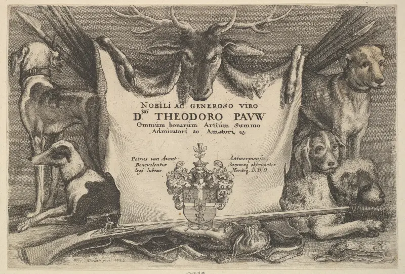 Titelseite mit Hunden und Jagdausrüstung von Wenceslaus Hollar