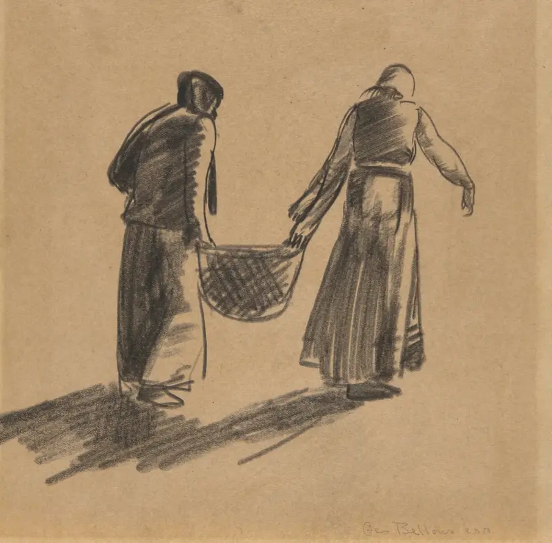 Kvinna med korg, och titelblad med tryckanvisningar av George Wesley Bellows
