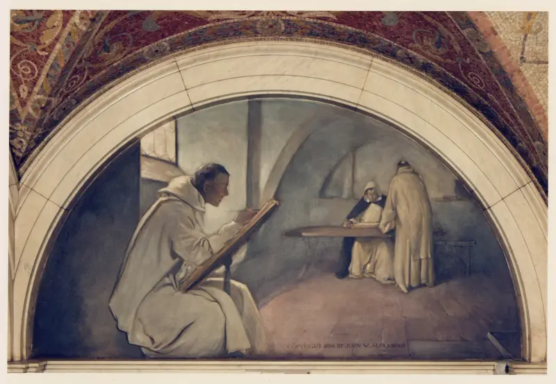 Rękopiśmienna księga, malowidło ścienne z cyklu Ewolucja książki, John White Alexander