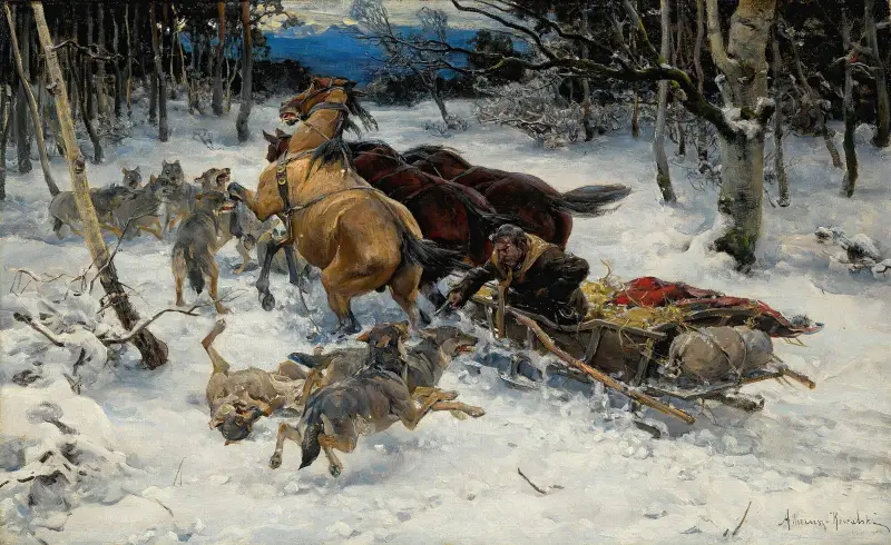 Ein Schlitten, angegriffen von Wölfen von Alfred von Wierusz-Kowalski