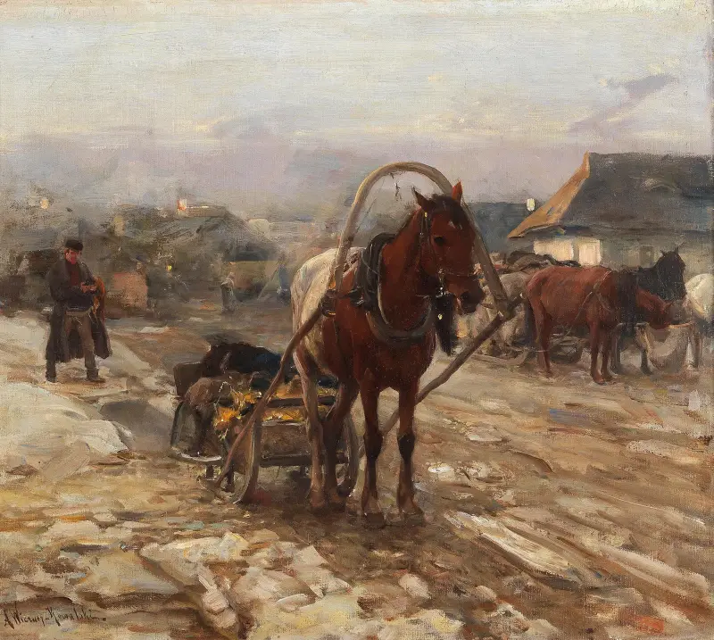 Horse And Cart On The Village Street av Alfred von Wierusz-Kowalski