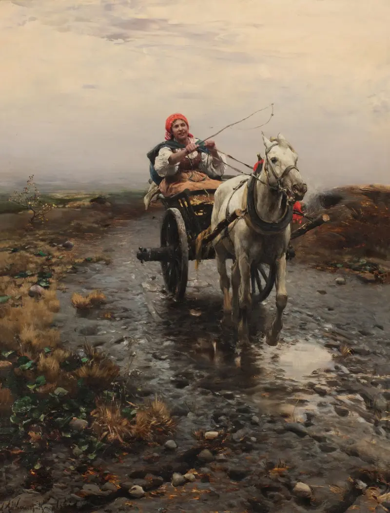 Peasant Riding a Cart av Alfred von Wierusz-Kowalski