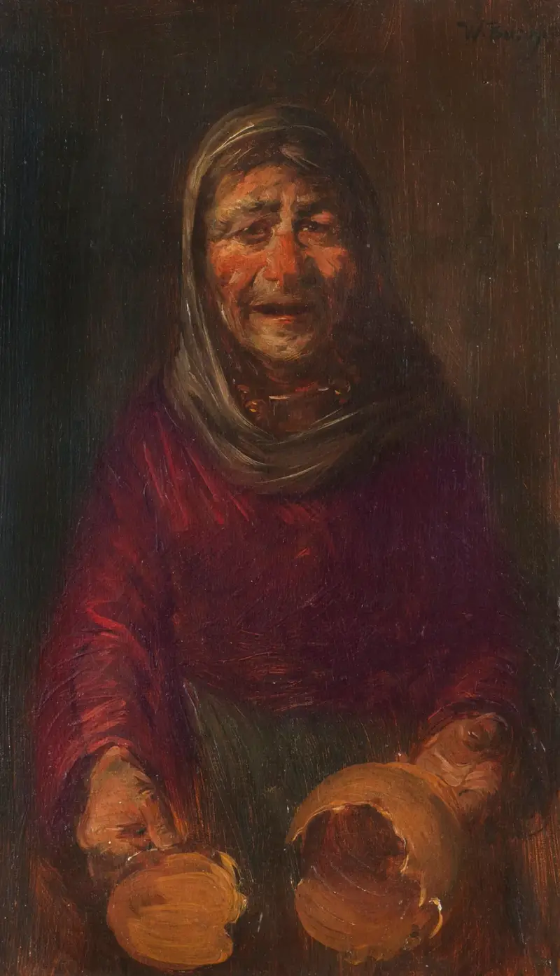 Gammal kvinna med trasig kruka av Wilhelm Busch
