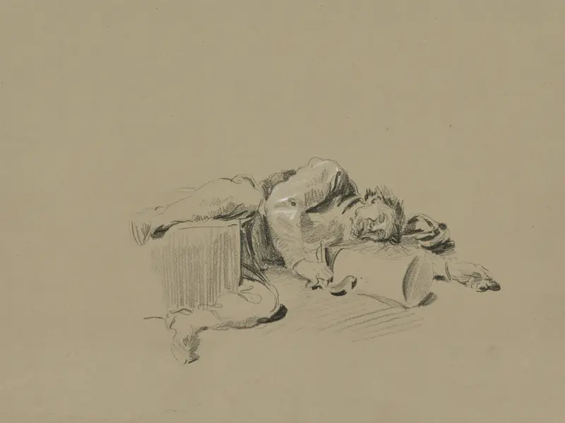 Berusad, liggande på marken efter att ha ramlat omkull av Wilhelm Busch