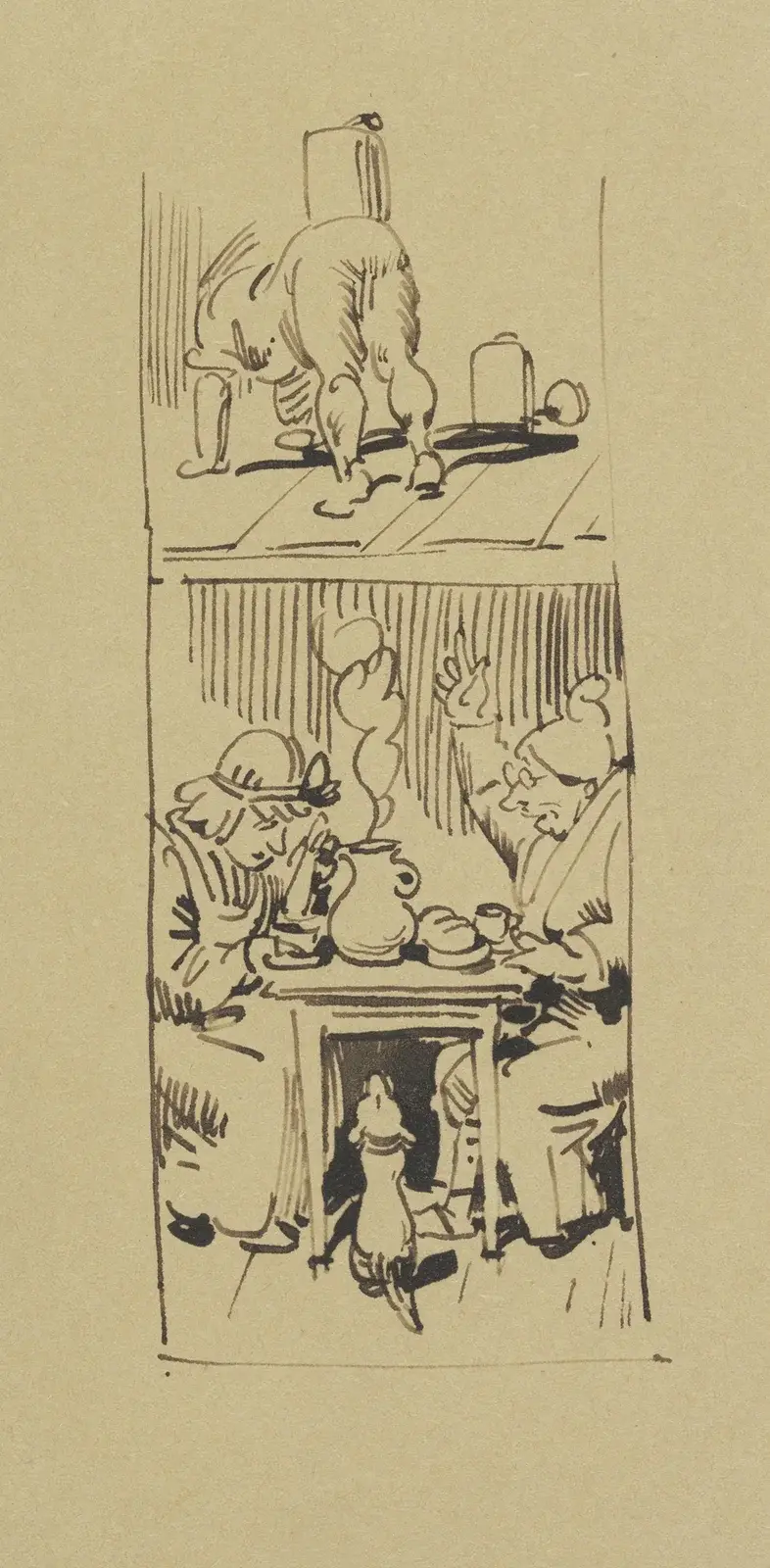 Derweil sitzt unten beim Kaffee ; Herr Meck und deutet in die Höh’ av Wilhelm Busch