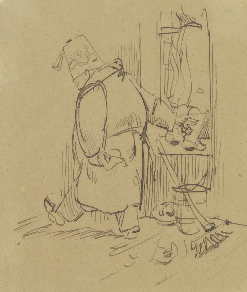 Herr Knopp stöter i förbigående sin städande fru ut genom fönstret av Wilhelm Busch
