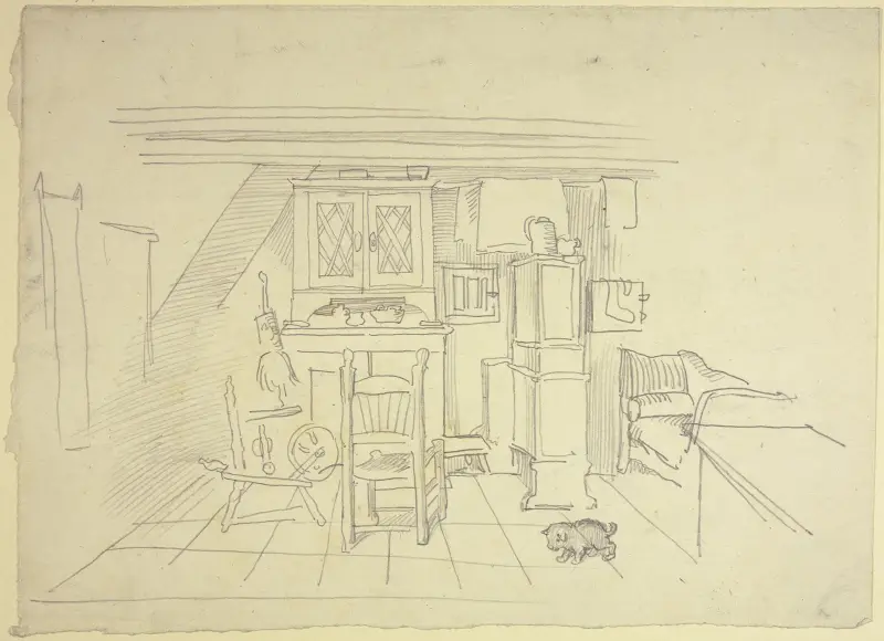 Stube mit Spinnrad und kleinem Hund av Wilhelm Busch