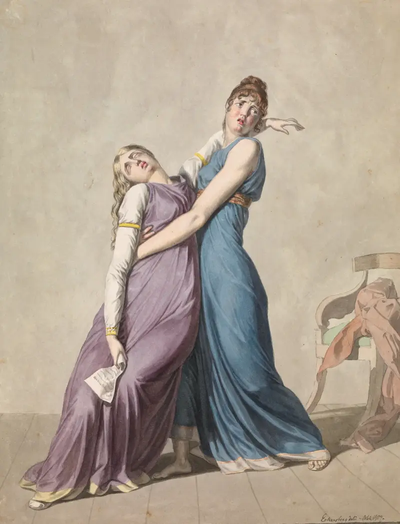 Eine Frau stützt eine andere Frau, die nach dem Lesen eines Briefes in Ohnmacht gefallen ist von Christoffer Wilhelm Eckersberg