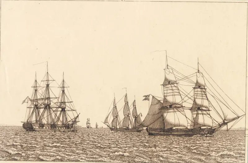En fregatt till ankars – illustration till Linearperspectiven, Tavla IXb av Christoffer Wilhelm Eckersberg