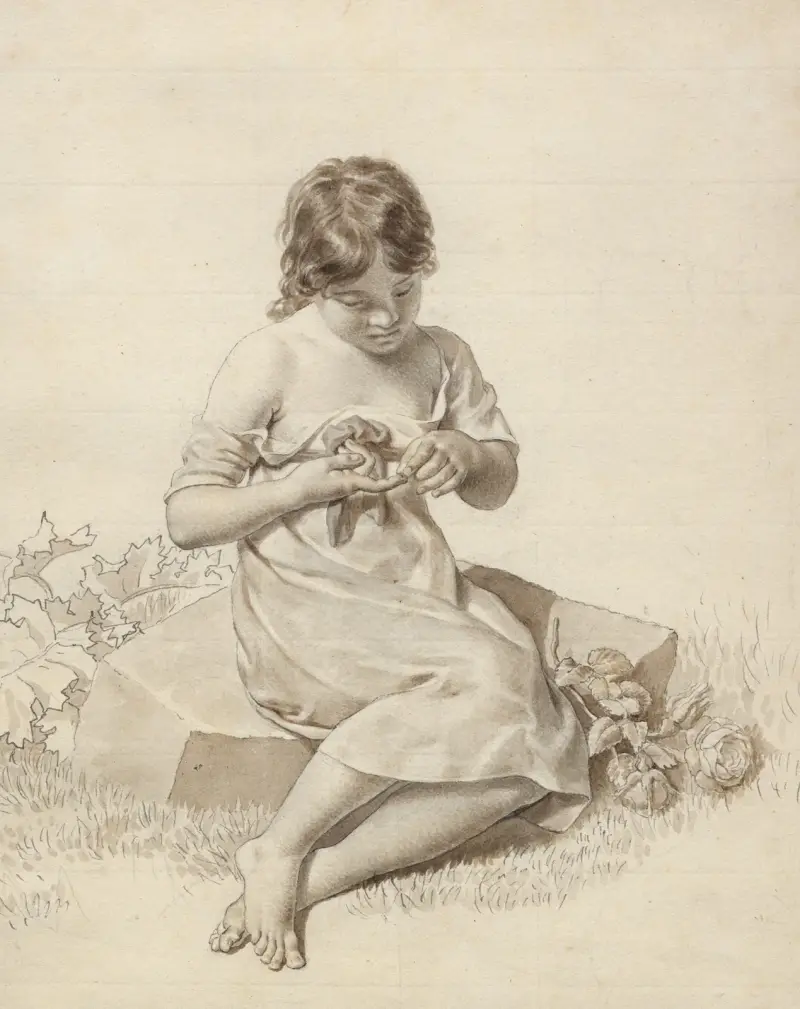 Ein kleines Mädchen, das sich den Finger an einem Rosenstachel gestochen hat von Christoffer Wilhelm Eckersberg