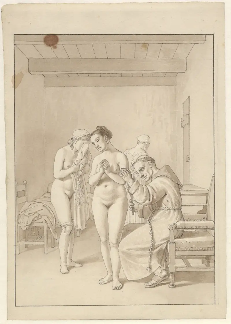 En munk som bestraffar två nakna kvinnor av Christoffer Wilhelm Eckersberg