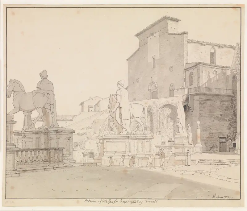 En del av Piazza del Campidoglio mot balustraden med Dioskurerna och kyrkan S Maria in Aracoeli av Christoffer Wilhelm Eckersberg