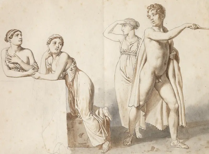 Fyra studiefigurer, tre kvinnliga och en manlig i antika dräkter av Christoffer Wilhelm Eckersberg