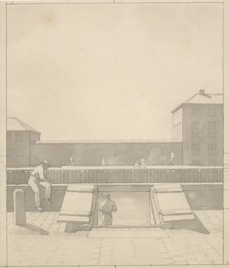 Idealprospekt över Charlottenborg och Botanisk trädgårds gartnerbostad, sett från Nyhavns norra sida av Christoffer Wilhelm Eckersberg