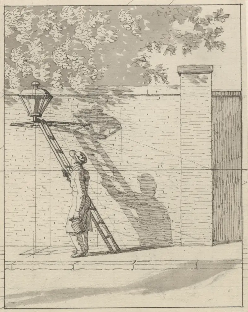Linearperspektiven anvendt paa Malerkunsten – Tavle VI Gadelygten på parkens mur, Dagslys av Christoffer Wilhelm Eckersberg