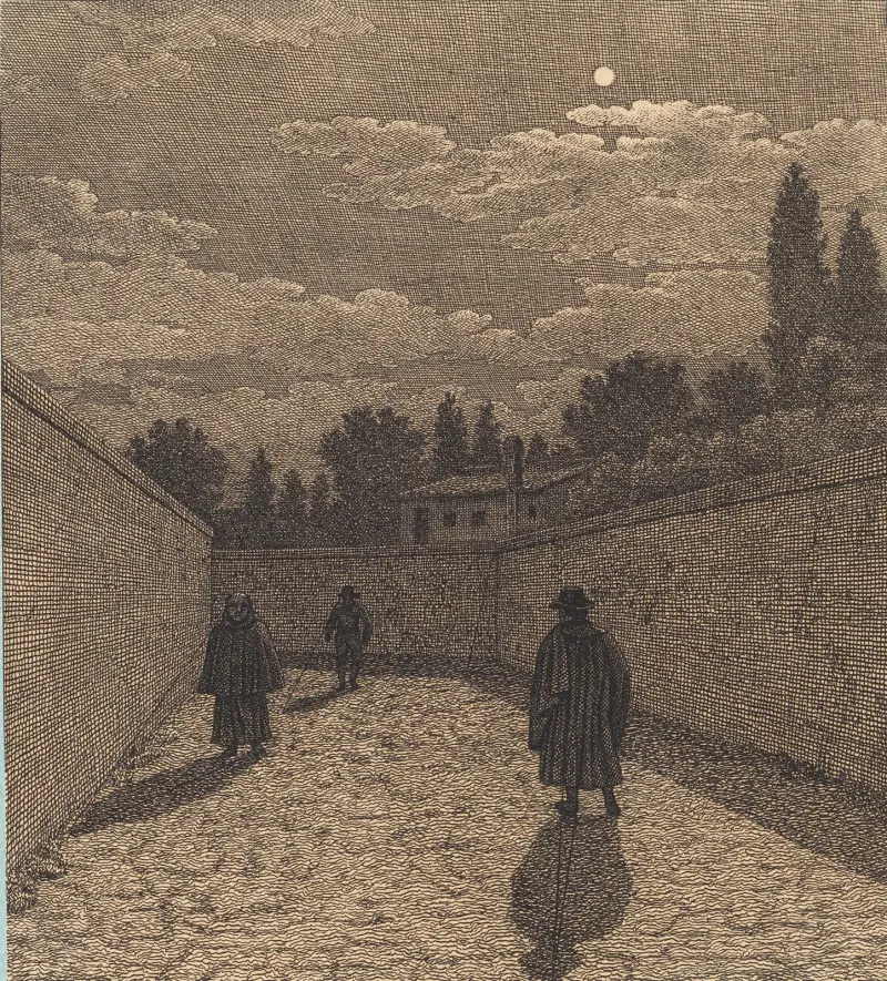 Månesken över en väg med tre figurer, illustration till linjärperspektivet, tavla IV av Christoffer Wilhelm Eckersberg