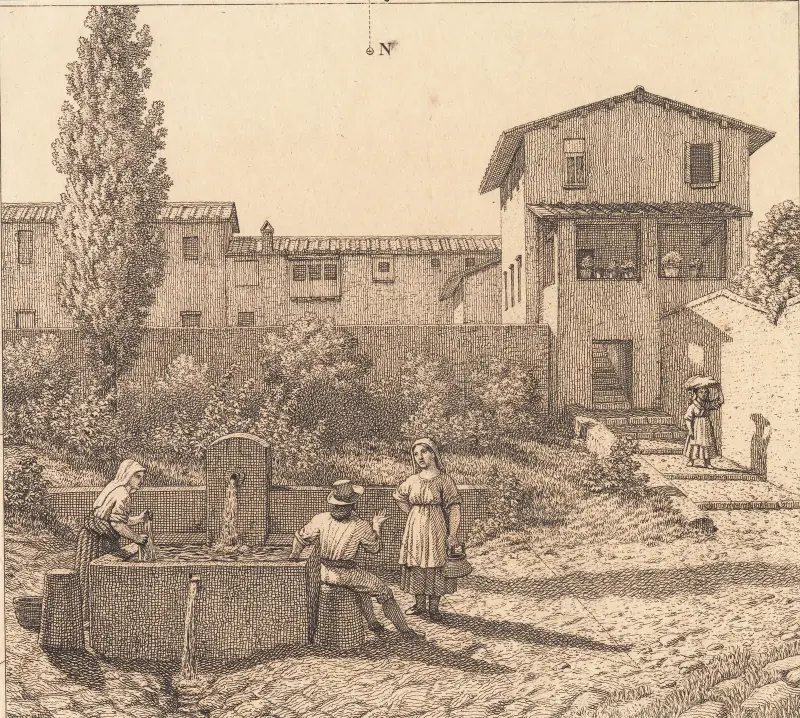 Del av en italiensk landsby – illustration till linjärperspektivet, tavla VI av Christoffer Wilhelm Eckersberg