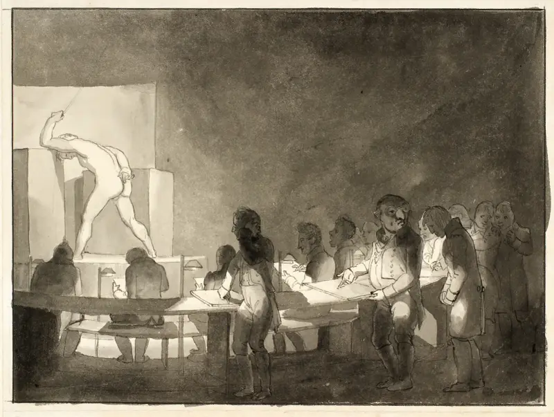 Satire over modelskolen på Kunstakademiet av Christoffer Wilhelm Eckersberg