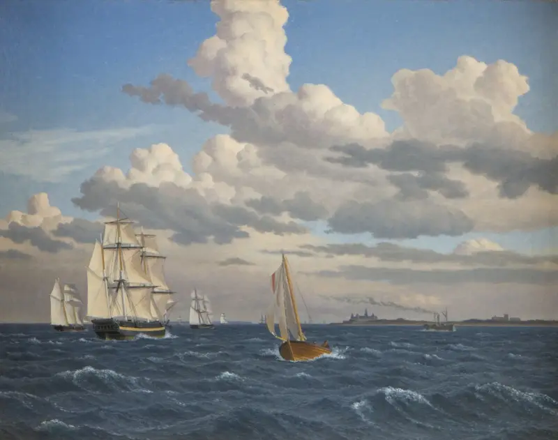 Fartyg i sundet norr om Kronborgs slott, Helsingör av Christoffer Wilhelm Eckersberg