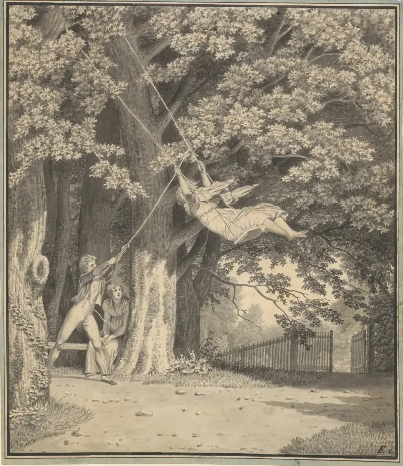 Waldpartie bei Skjoldnæsholm mit einem jungen Mann, der ein junges Mädchen schaukelt von Christoffer Wilhelm Eckersberg