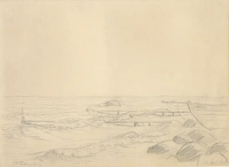 Strandparti med vågor som slår in mot sten och en badbrygga av Christoffer Wilhelm Eckersberg
