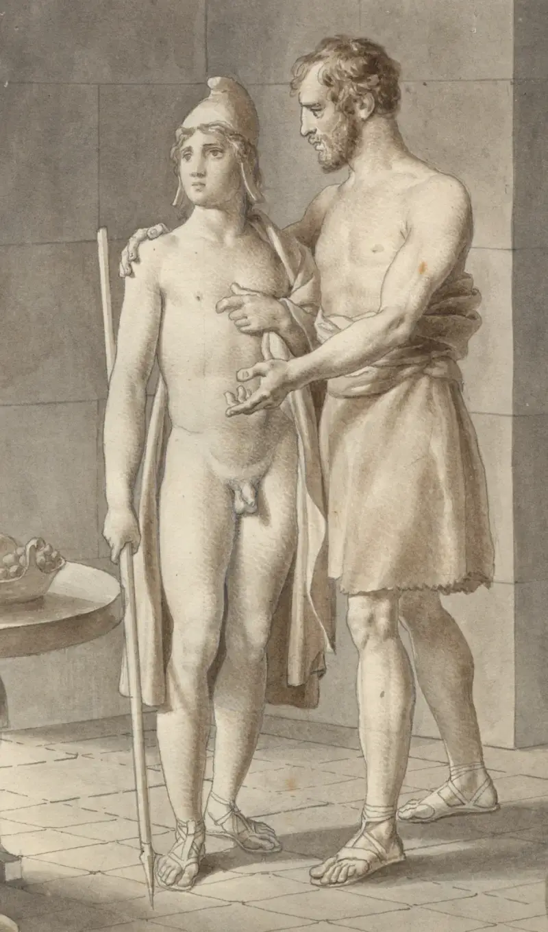 Telemachos møder Odysseus forklædt som tigger hos hyrden Eumaios – Odysseus; fragment af hele kompositionen. av Christoffer Wilhelm Eckersberg