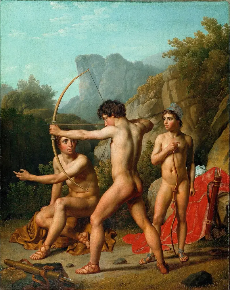 Tre spartanska pojkar övar bågskytte av Christoffer Wilhelm Eckersberg