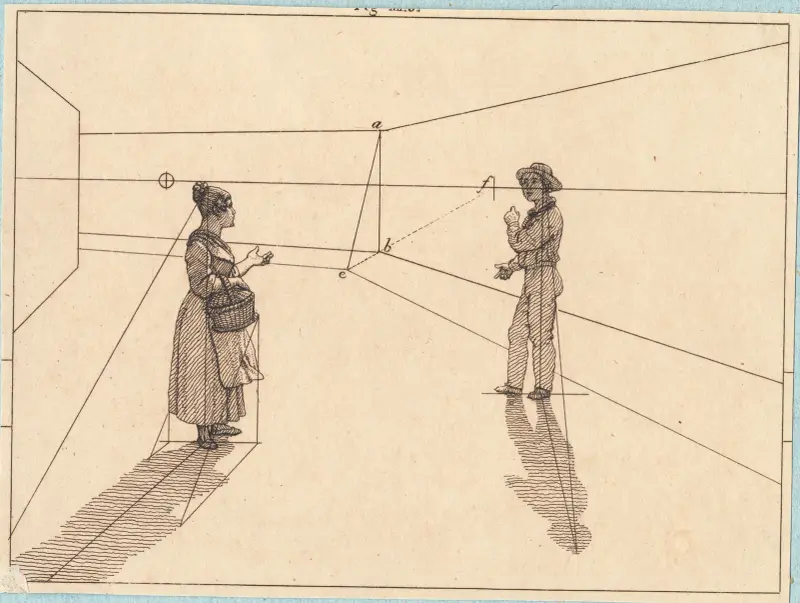 Två figurer i en geometrisk konstruktion (Illustration till Linearperspectiven, Tavla IV) av Christoffer Wilhelm Eckersberg