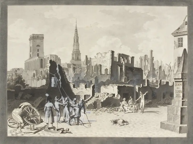 Ulfeldts Plads, nuvarande Gråbrødretorv, efter engelsmännens bombardemang i september 1807 av Christoffer Wilhelm Eckersberg