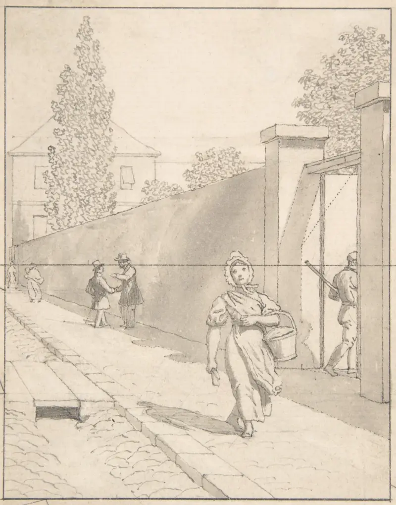 Vy över Charlottenborgs slott i Köpenhamn med den gamla botaniska trädgården och figurer av Christoffer Wilhelm Eckersberg