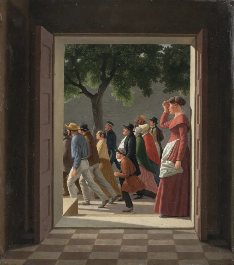 Vy genom en dörr mot springande figurer av Christoffer Wilhelm Eckersberg