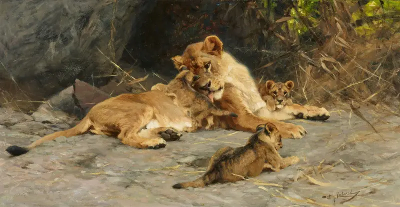 Eine Löwin mit drei Jungen von Wilhelm Kuhnert