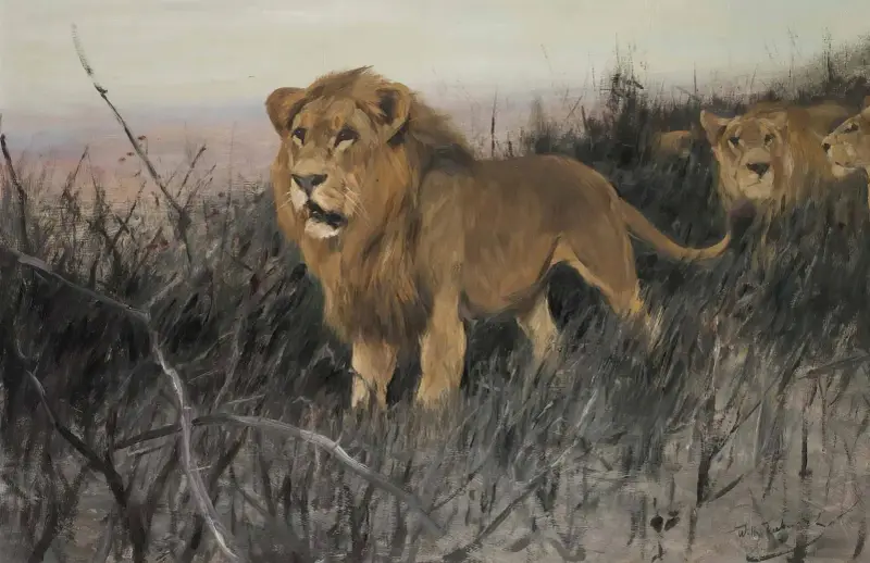 Löwen in verbrannter Steppe von Wilhelm Kuhnert