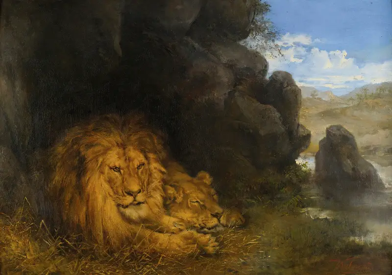 Två lejon i en grotta av Wilhelm Kuhnert