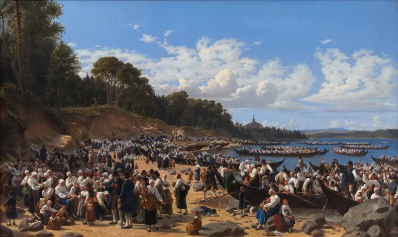 Church-Goers Arriving By Boat At The Parish Church Of Leksand On Siljan Lake, Sweden av Wilhelm Marstrand