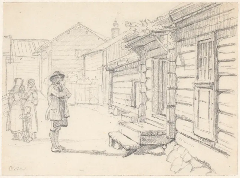 Straße in Orsa, Dalarna – mit zwei Frauen, einem Kind und einem Mann von Wilhelm Marstrand