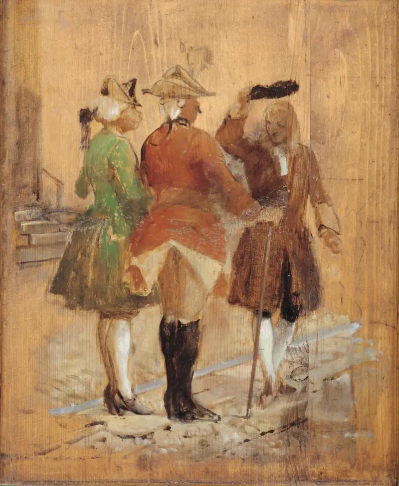 Holberg går ur vägen för Jacob von Thyboe och Jean de France av Wilhelm Marstrand