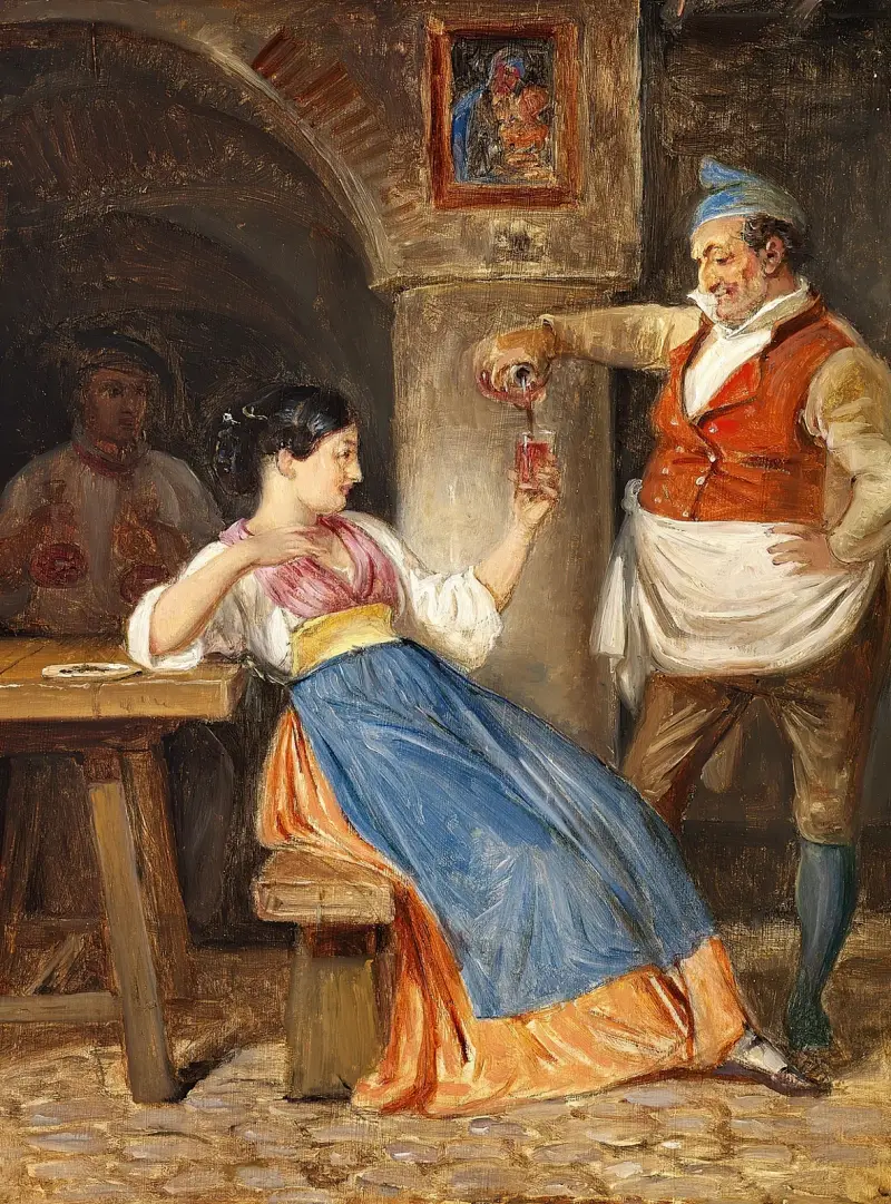 Der Wirt schenkt einer jungen Italienerin Rotwein ein von Wilhelm Marstrand