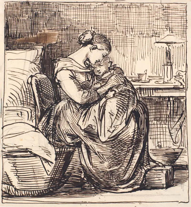 Mutter mit schlafendem Kind auf dem Schoß im Schlafzimmer, 1810 von Wilhelm Marstrand