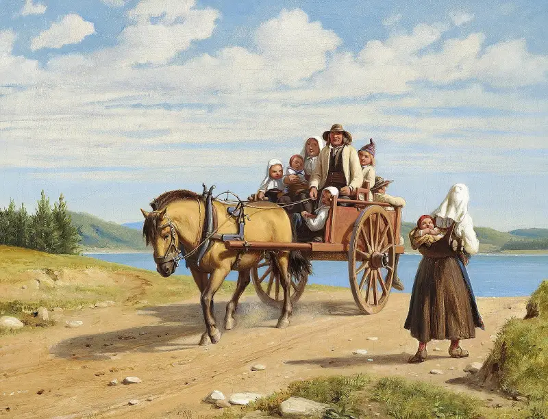 Szene aus Leksand mit Dalekarlen beim Sonntagsausflug im Pferdewagen von Wilhelm Marstrand