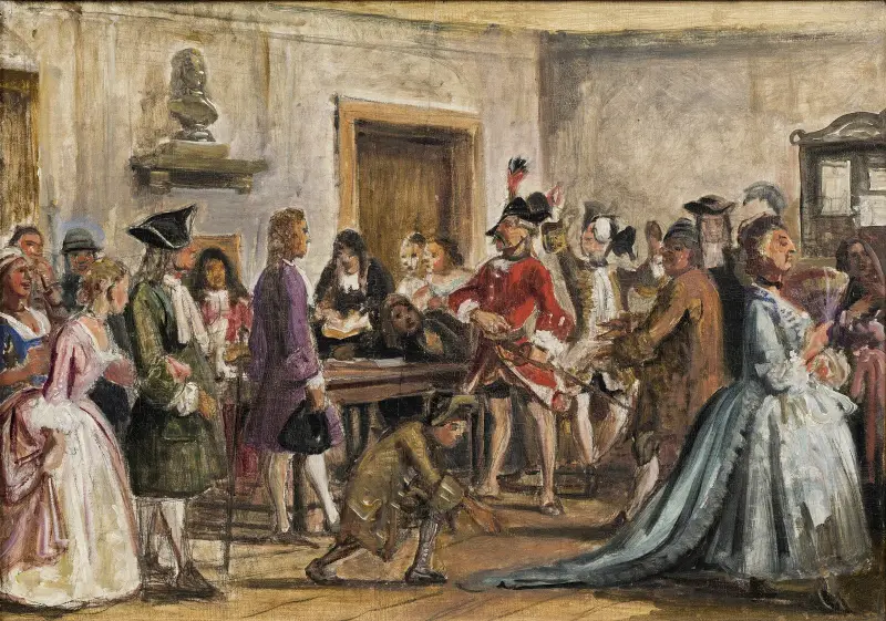Philemon and his prosecutors. Scene from Det lykkelige skibbrud by Holberg, Act 5, Scene 9 (sketch for painting with the same subject, 1859) av Wilhelm Marstrand