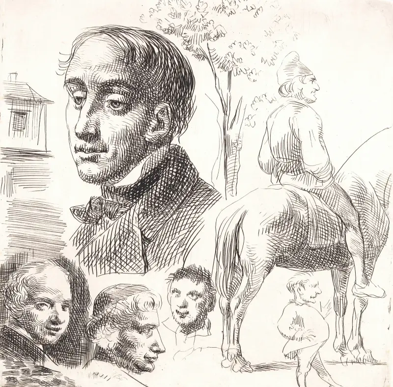 Probedruck in Stylografie mit Porträtköpfen, Bauer zu Pferd u. a. von Wilhelm Marstrand