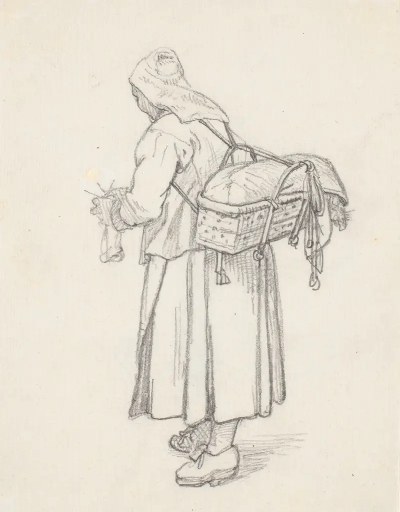 Strickende schwedische Bäuerin mit Korb auf dem Rücken von Wilhelm Marstrand