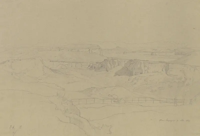 Ausblick über eine Karstlandschaft in der römischen Campagna av Johann Wilhelm Schirmer