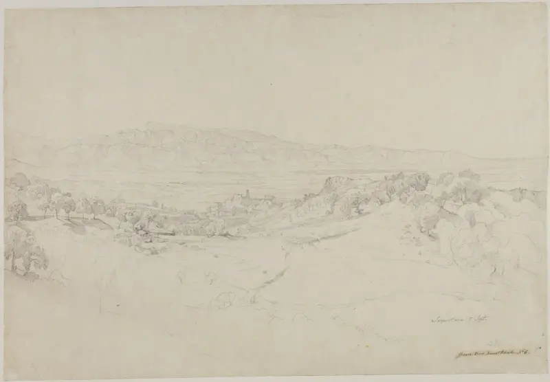 Utsikt från Serpentara mot Olevano och Volskerbergen av Johann Wilhelm Schirmer