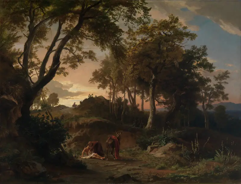 Kvällen, den barmhärtige samariern tar hand om den skadade vandraren av Johann Wilhelm Schirmer
