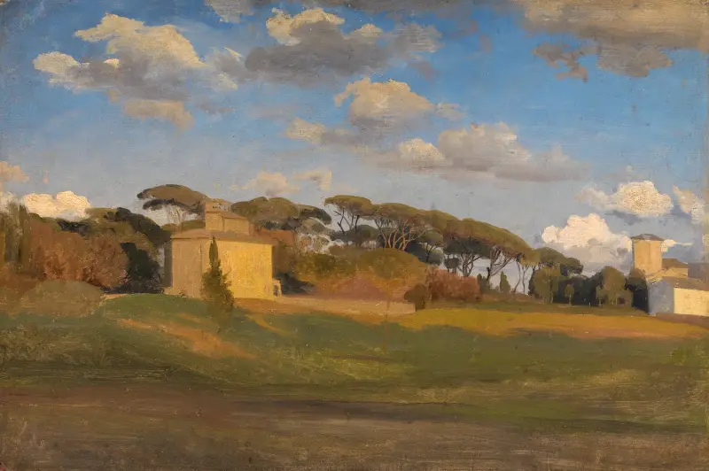 Casina di Raffaello och ett utsiktstorn i Villa Borgheses park av Johann Wilhelm Schirmer