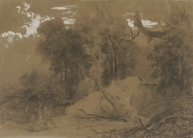 Ein Waldweg, ein Wanderer wird von zwei Mannen angefallen av Johann Wilhelm Schirmer